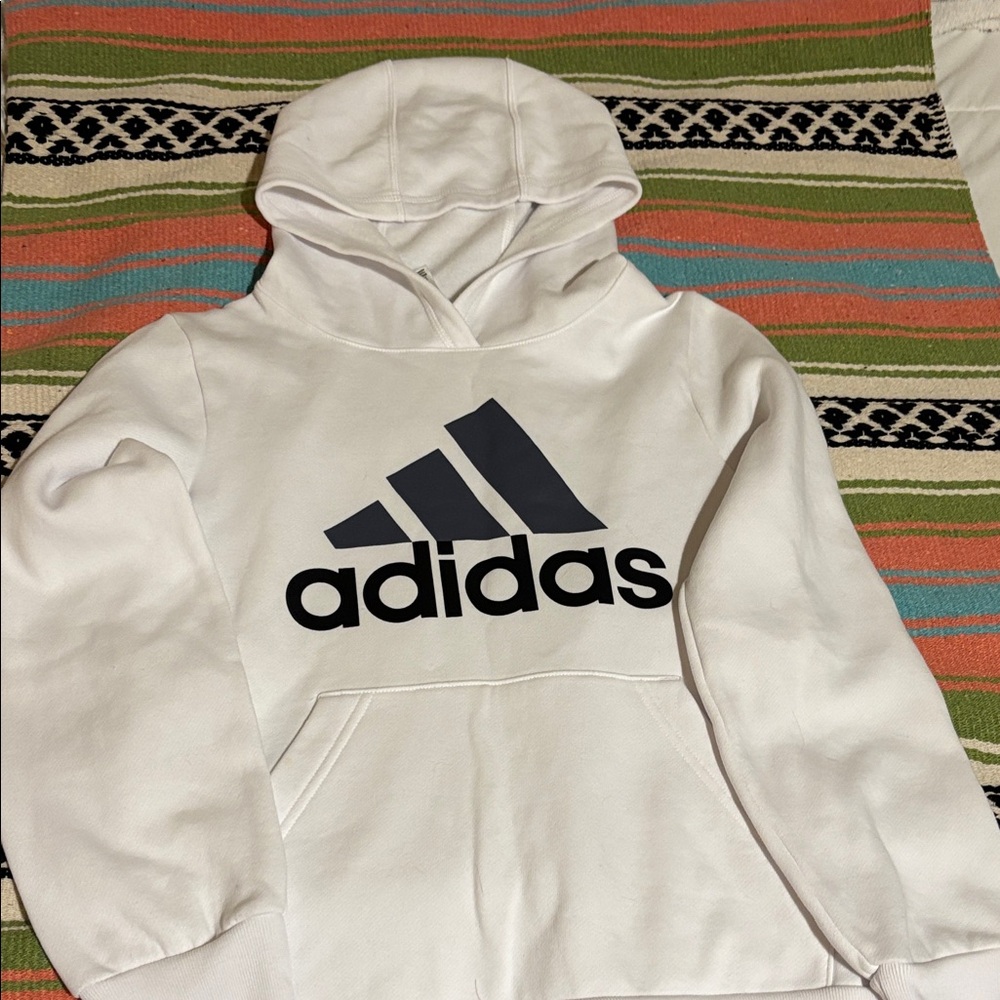 adidas White Kids Hoodie with Black Logo and Gray Trefoil
